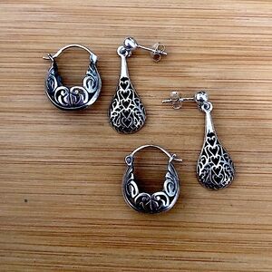 $44 2Pairs Estate Pierced Earrings Sterling 8.4 Grams Designer Mark & 925